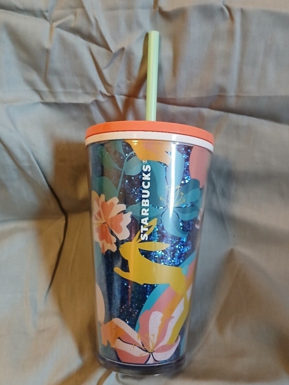 Starbucks Easter Floral Glitter Tumbler Coral Lid Straw,  050726B